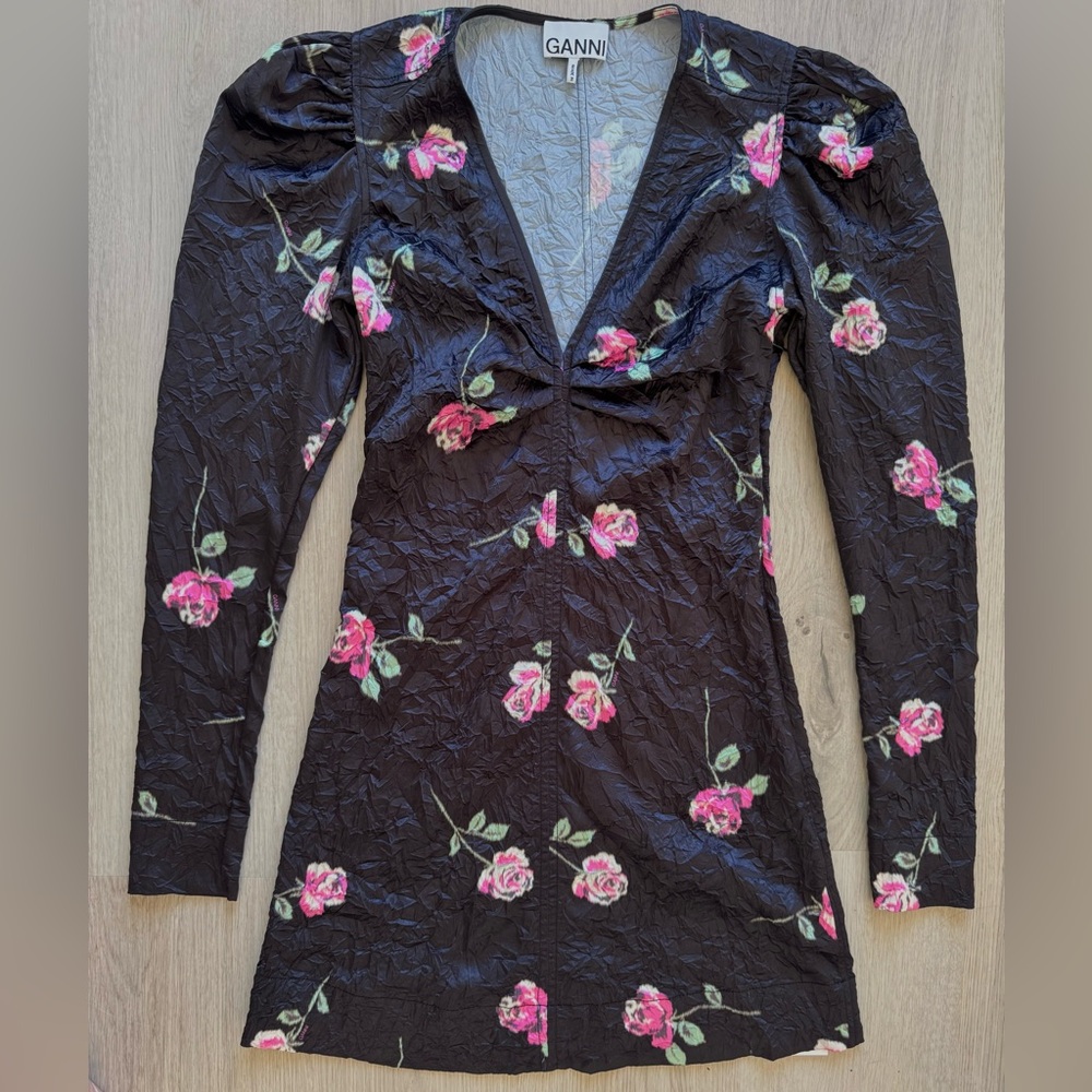 Ganni Black Crinkle Satin Mini Dress with Pink Floral Design Size 2